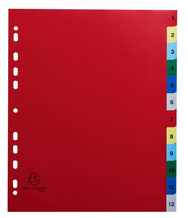 Exacompta 20x PP trykte indekser, A4 Maxi, 12 del 1 til 12 - assorteret lyse 2512E