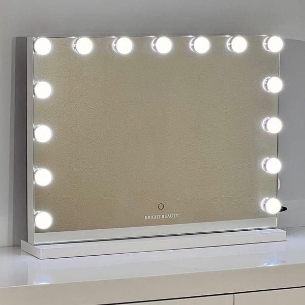 Bright Beauty® Valaistu meikkipeili – Hollywood peili – 58 × 46 cm – 15 LED-valoa – 3 valon väriä – Himmennettävä – Älykäs kosketus – USB-latausportti – Valkoinen