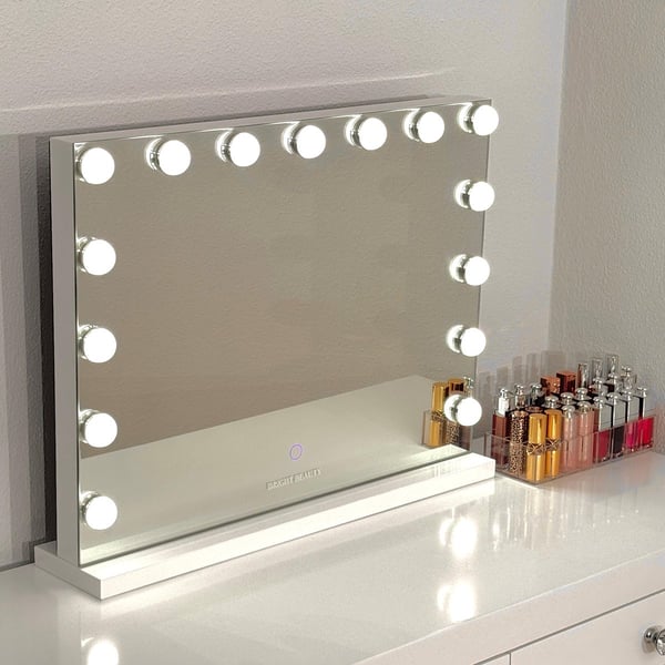 Bright Beauty® Valaistu meikkipeili – Hollywood peili – 58 × 46 cm – 15 LED-valoa – 3 valon väriä – Himmennettävä – Älykäs kosketus – USB-latausportti – Valkoinen