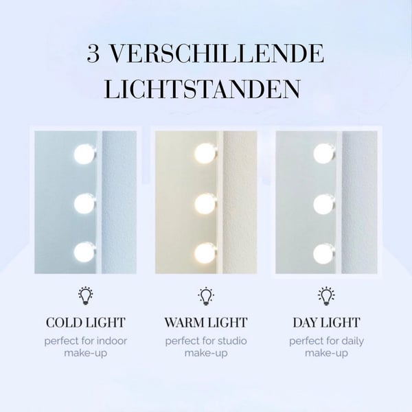 Bright Beauty® Valaistu meikkipeili – Hollywood peili – 58 × 46 cm – 15 LED-valoa – 3 valon väriä – Himmennettävä – Älykäs kosketus – USB-latausportti – Valkoinen