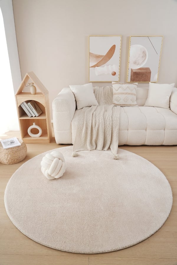 Fluffy Beige Rund vaskbar blød ryatæppe 160 cm