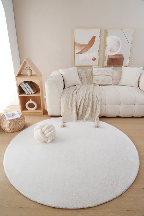 Fluffy Rund Tæppe 120 cm Offwhite - Vaskbart og Blødt Polyester