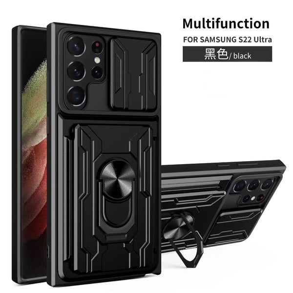 Heavy Duty Magnetic Luxury Camera Cover Card Slot Shockproof Stand Phone case Samsung Galaxy S22 Ultra Black with Magnetic Ring Holder