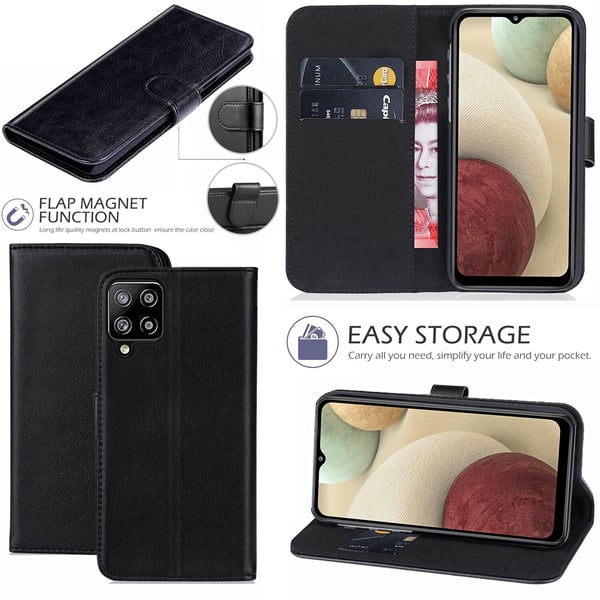 Case Leather Wallet Book Flip Stand Cover Phone Samsung Galaxy A12 5G BLACK BOOK