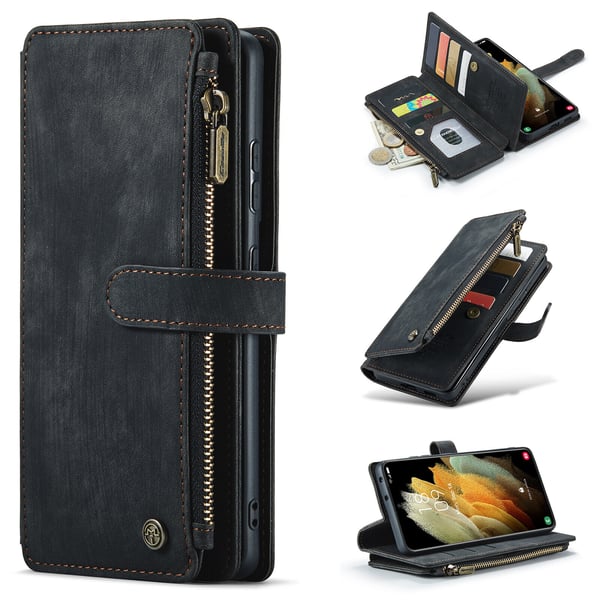 Leather Zipper Purse Wallet Phone Case Flip Cover Samsung Galaxy S23 Plus Black