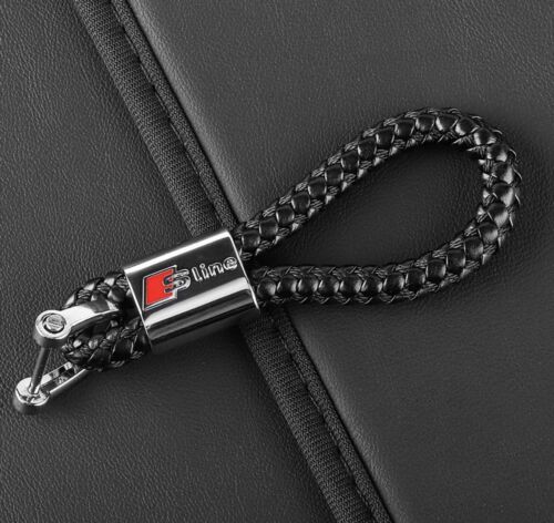 S Line Black Braided Leather Chrome Metal Keyring Key Chain Gift Audi