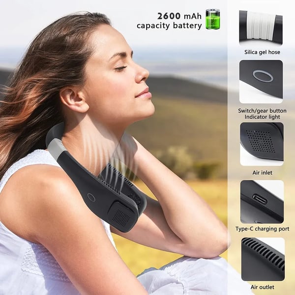 Portable 3 Speed Neck Fan USB Rechargeable Lazy Neckband Bladeless Cooler Fans Black