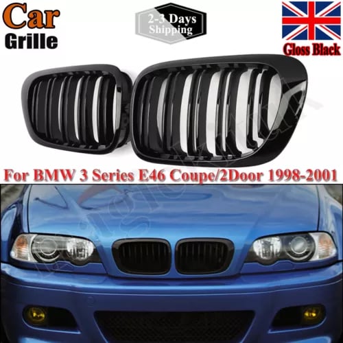 For 1998-2001 BMW E46 2 Door 2D Coupe Gloss Black Dual Slat Kidney Grille Grill