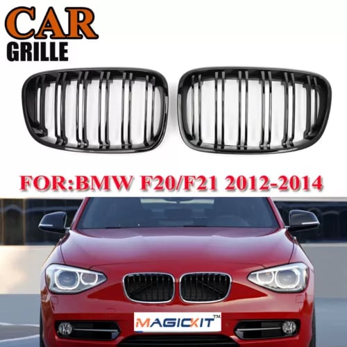 FOR BMW 1 SERIES F20 F21 2011-2014 DOUBLE SLAT GLOSS BLACK KIDNEY GRILLS GRILLE