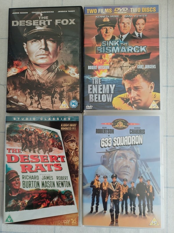 4 krigsfilmer: Dessert Fox, Desert Rats, Sink The Bismark, Enemy Below, 633 Squadron DVD