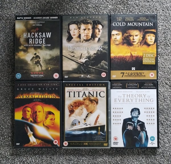 Hacksaw Ridge, Titanic, Cold Mountain, Pearl Harbor, The Theory DVD-pakke