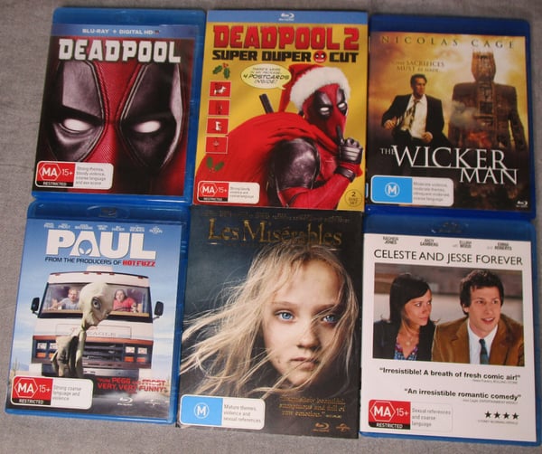 Blu-ray Film-pakke: Deadpool, Wicker Man, Les Misérables m.fl. (6 film)