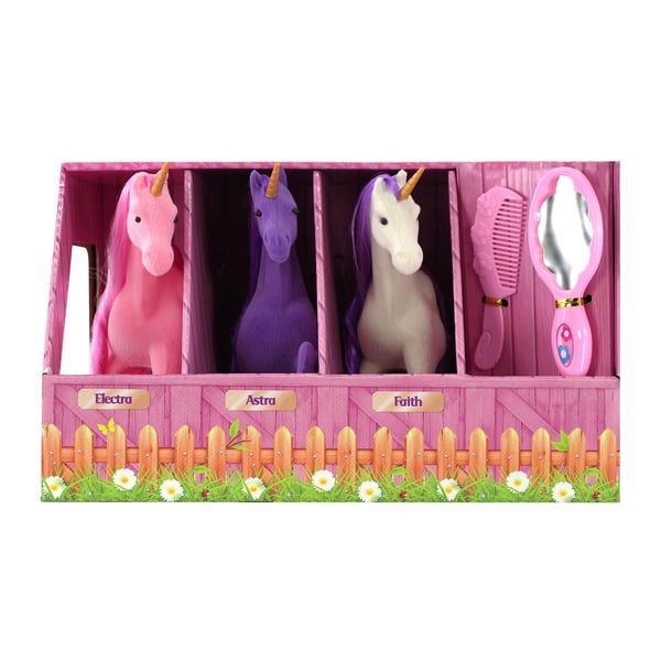 Unicorns in Stable Play Set Figures Set Of 3 Large Flocked Play Magic Horses Toy Brand New