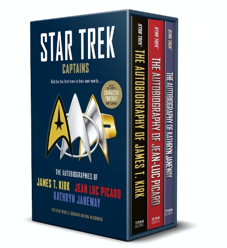 Star Trek -kapteenit - omaelämäkerrat: Koteloitu setti, jossa on suojakotelo ja Kirk Picardin ja Janewayn hahmomuotokuvataide, omaelämäkerrat