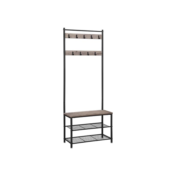 Takki teline, takki jalusta ja kenkien säilytyspenkki, eteinen puu kenkätelineellä, 3-in-1 muotoilu, teräsrunko, eteiseen, sisäänkäyntiin, 32 x 70 x 175 cm, teollinen, greige ja musta