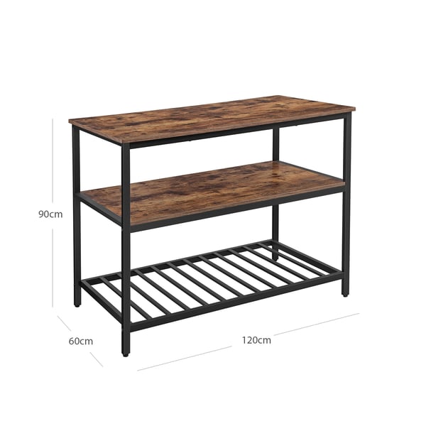 Baker's Rack, köksö med stor bänkskiva, stabil stålkonstruktion, 120 x 60 x 90 cm, industriell kökshylla, lätt att montera, rustikt brun och svart KKI