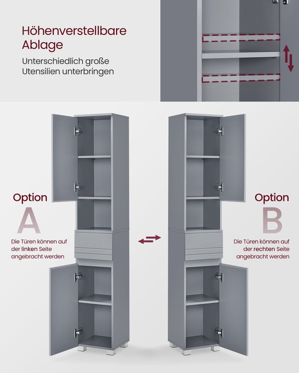 Badeværelsesskab, badeværelsesskab med en skuffe, justerbare hylder, åbent rum, 30 x 30 x 170 cm, Mystical Grey BBC560P36