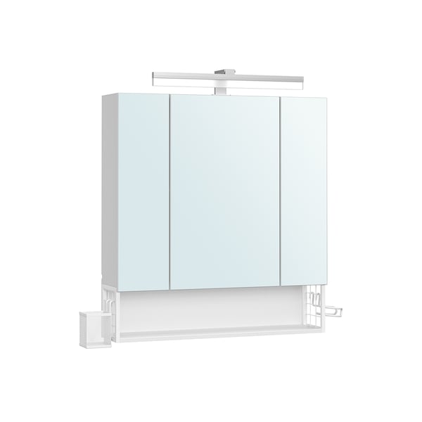 Badeværelsesskab med 3 døre, spejlskab, vægskab, stikkontakter, hængende kurv, hårtørrerholder, masser af opbevaringsplads, til badeværelse, 16,5 x 70 x 75 cm, Cloudy White BBK126W01