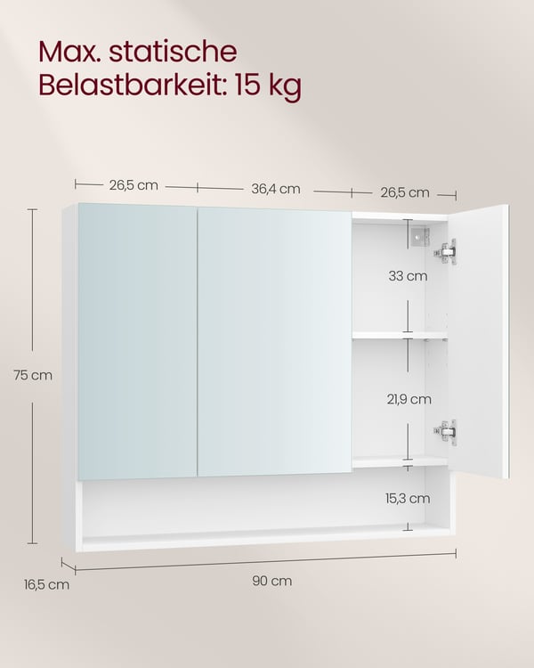 Badeværelsesskab med 3 døre 16,5 x 90 x 75 cm skyhvid