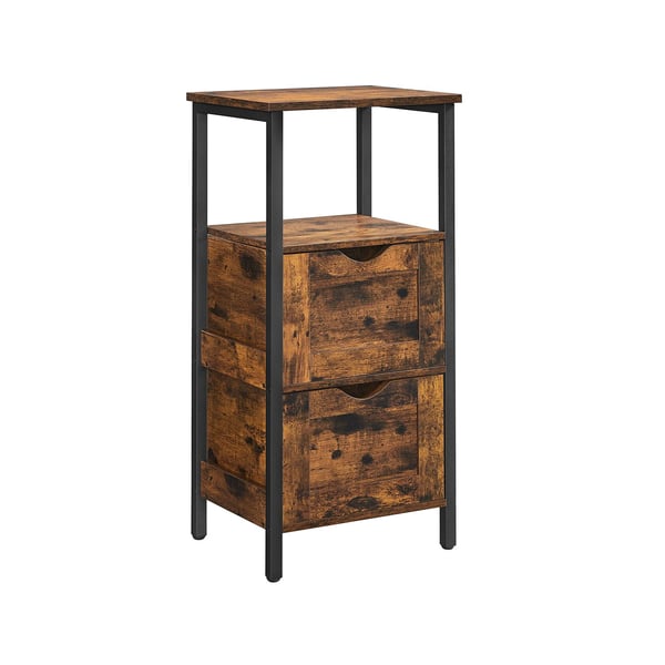 Badrumsskåp, 2 lådor, öppet fack, byrå, smal, platsbesparande, badrumsmöbel, 37 x 30 x 80 cm, Vintage Brown/Black