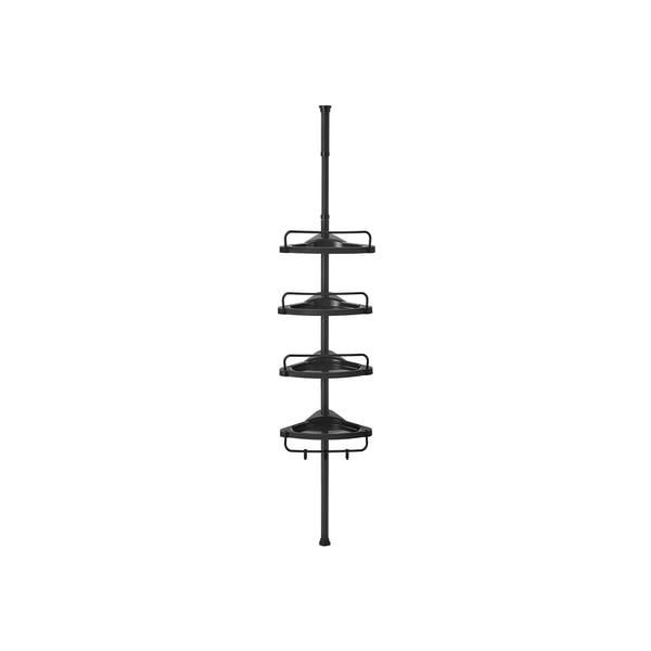 Justerbar hjørnehylde til badeværelset, teleskopisk brusebadshylde, 85-305 cm, gulv til loft, med 4 bakker, 3 kroge, sort BCB001B01