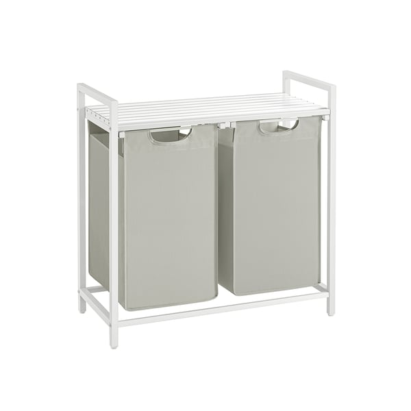 Pyykkikori, 2-osastoinen pyykkikori, ulosvedettävät ja irrotettavat pyykkipussit, pyykkihylly, hylly, metallirunko, 2 x 46L, 73 x 33 x 72 cm, valkoinen BLH201W01 Pyykkikori, 2-osastoinen pyykkikori, ulosvedettävät ja irrotettavat pyykkipussit, pyykkihylly, hylly, metallirunko, 2 x 46L, 73 x 33 x 72 cm, valkoinen BLH201W01