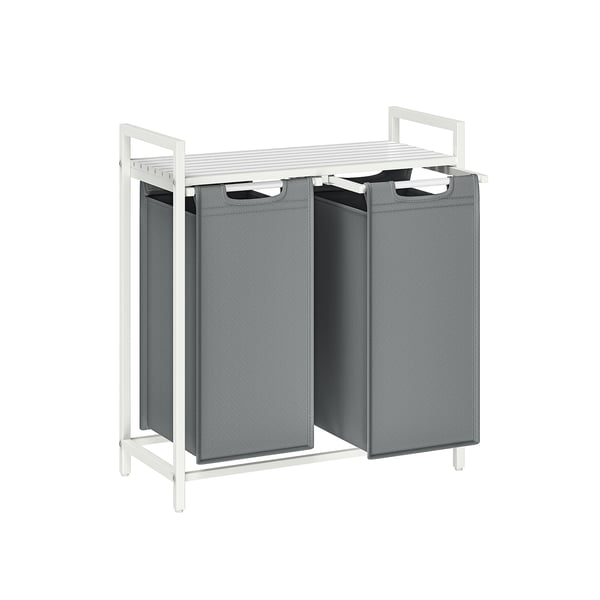 Tvättkorg, 2 fack, Tvättkorg med hylla, Tvättkorg, Tvättsäck i Oxford-tyg, Utdragbar, Avtagbar, Metallram, 2 x 46 L, 73 x 33 x 72 cm, Vit/Ljusgrå, BLH201W11