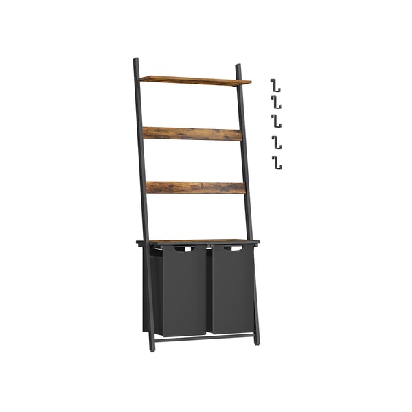 Rulla över bilden för att zooma in VASAGLE Tvättkorg, 2-delad tvättkorg med filtstege, utdragbart och löstagbart foder, 2 hyllor, 5 krokar, 2 x 46L, 73 x 33 x 177 cm, Rustik brun och svart BLH221