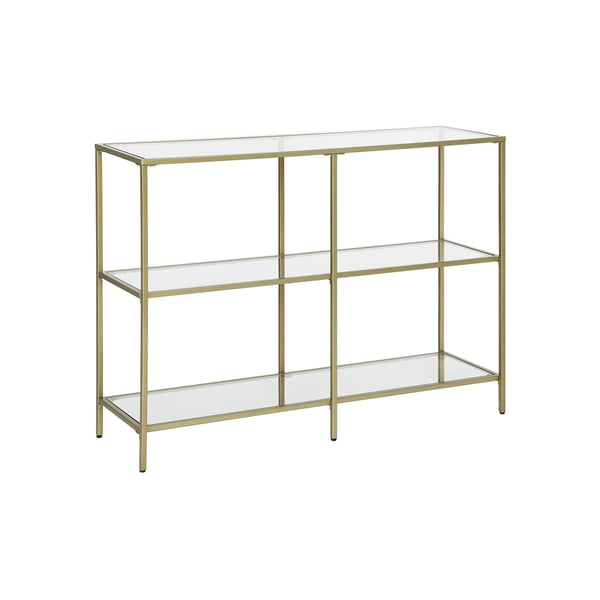 Konsolbord, sofabord med 3 hylder, hylde i hærdet glas, 100 x 30 x 73 cm, metalstel, moderne, til entre, stue, soveværelse, guldfarvet LGT27G