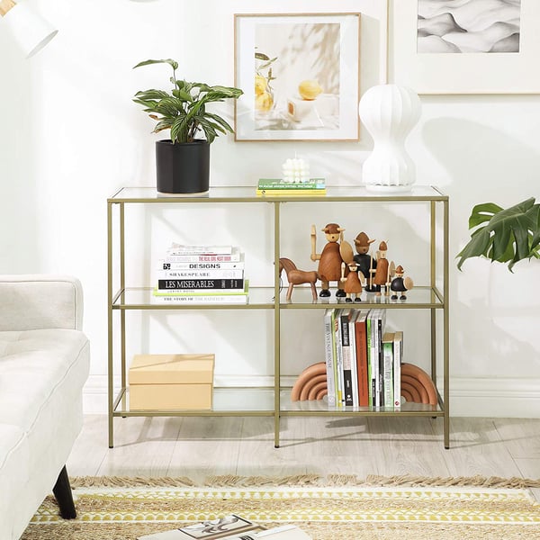 Konsolbord, sofabord med 3 hylder, hylde i hærdet glas, 100 x 30 x 73 cm, metalstel, moderne, til entre, stue, soveværelse, guldfarvet LGT27G