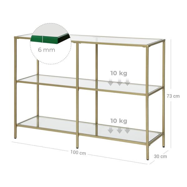Konsolbord, sofabord med 3 hylder, hylde i hærdet glas, 100 x 30 x 73 cm, metalstel, moderne, til entre, stue, soveværelse, guldfarvet LGT27G
