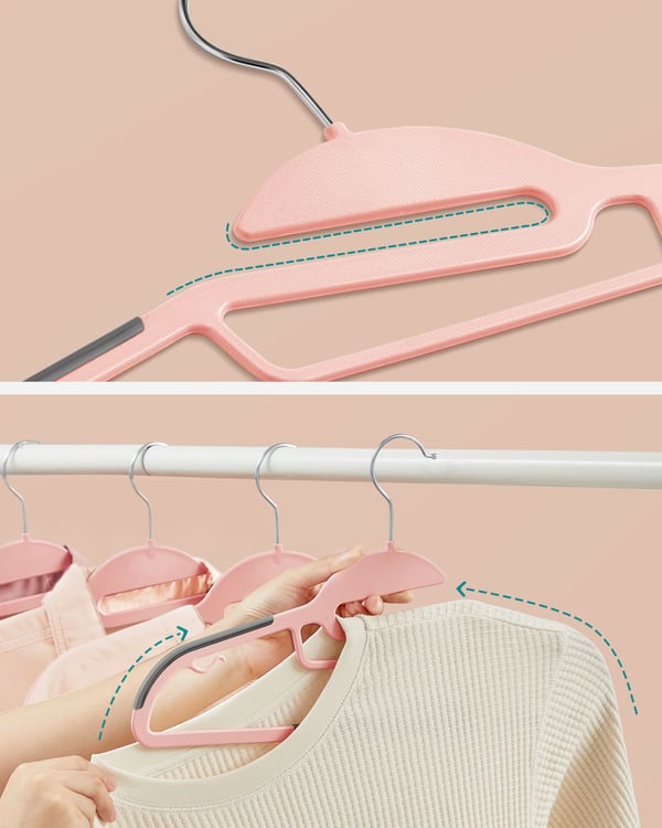 Sæt med 20 plastikbøjler, frakkebøjler med U-formet åbning, skridsikker, pladsbesparende, 0,5 cm tykke, 41,5 cm lange, 360° drejelig krog, pink og mør