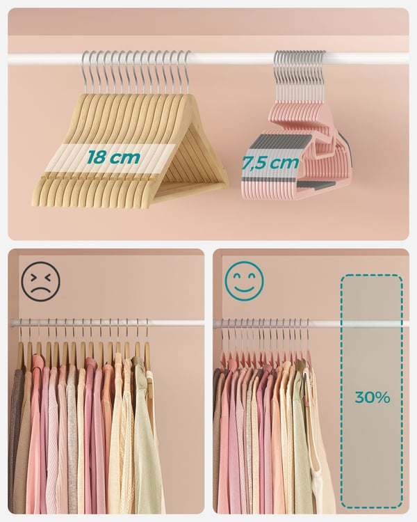 Sæt med 20 plastikbøjler, frakkebøjler med U-formet åbning, skridsikker, pladsbesparende, 0,5 cm tykke, 41,5 cm lange, 360° drejelig krog, pink og mør