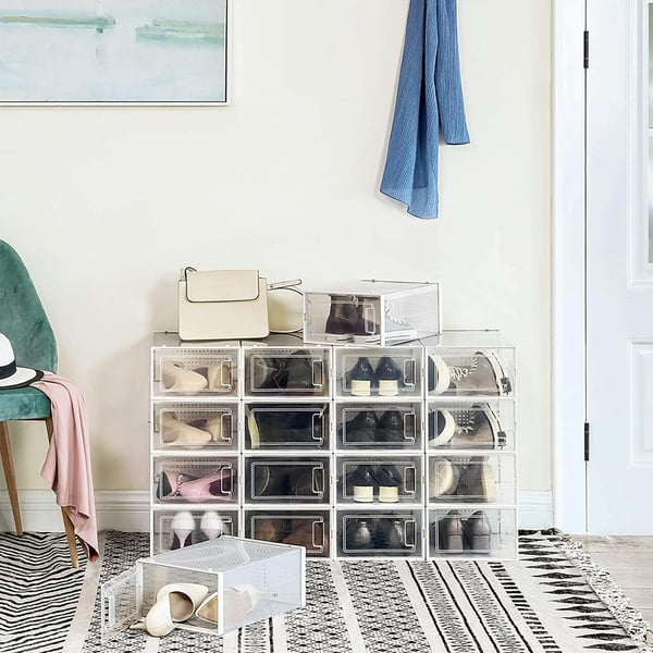 Skoæsker, pakke med 8 stabelbare skoopbevaringssystemer, foldbare og alsidige til sneakers, passer til størrelse 10,5 (UK), gennemsigtige og hvide