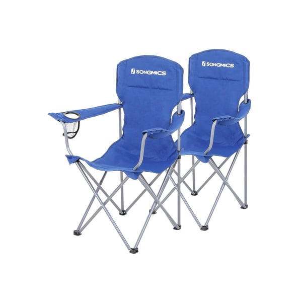Sæt med 2 sammenklappelige campingstole, komfortable, robust konstruktion, maks. belastningskapacitet 150 kg, med kopholder, udendørs stole, blå GCB08BU