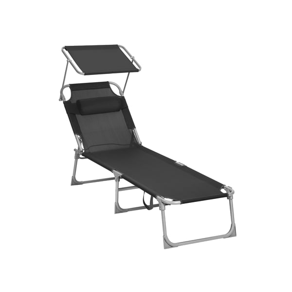 Solstol, liggestol, solstol med nakkestøtte, justerbar ryglæn, solskærm, letvægts, sammenklappelig, 53 x 193 x 29,5 cm, bæreevne 150 kg, til haven, sort GCB192B01