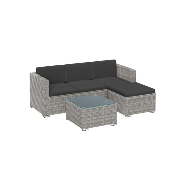 Balkongmöbler av PE-polyrattan med dynor och glasbord