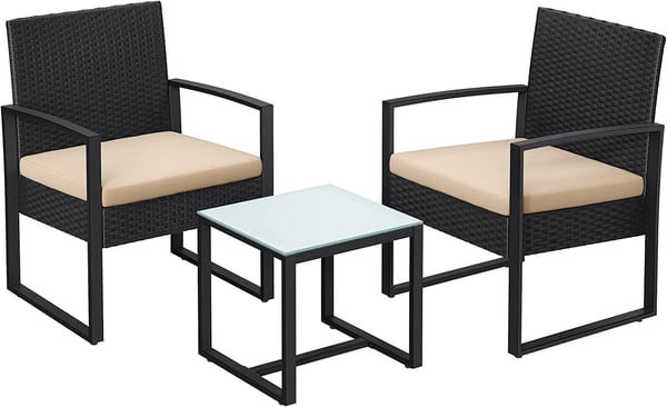 GGF010M05 Trädgårdsmöbelset för balkong, loungeset i PE-polyrattan, bord och 2 stolar, utemöbler, enkel montering, utomhus, för uteplats, balkong, trädgård, svart/beige