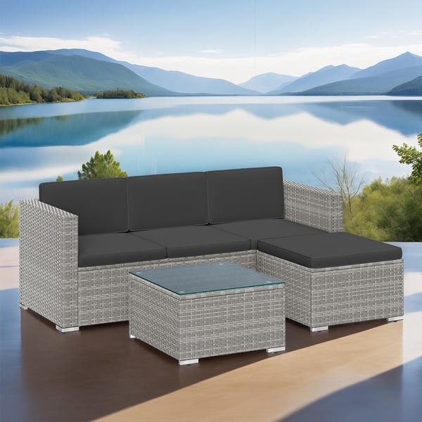 Trädgårdsmöbelset, utemöbler i PE-polyrattan, balkongmöbler med dynor och glasbord