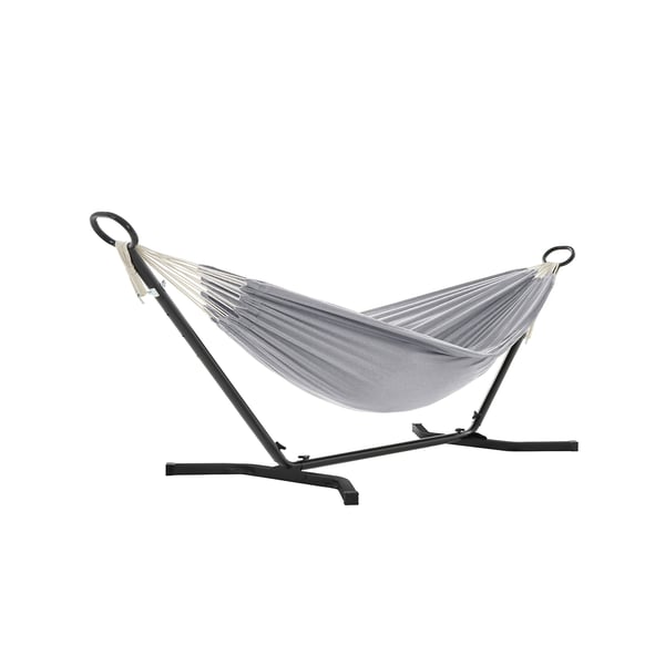 Riippumatto jalustalla, 210 x 150 cm riippumatto, 5 säädettävää korkeutta, kannettava riippumatto metallirungolla, kantavuus 240 kg, patio, puutarha, piha, musta jalusta ja harmaa riippumatto GHS
