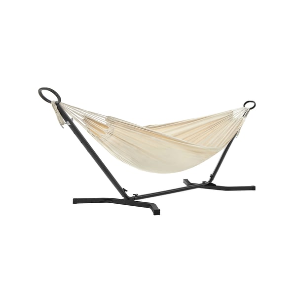 Hængekøje med stativ, 210 x 150 cm Hængekøje, 5 justerbare højder, bærbar hængekøje med metalramme, bæreevne 240 kg, terrasse, have, gård, sort stativ og beige hængekøje GHS001M01