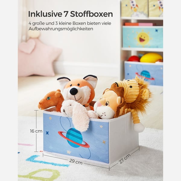 Barnrumshylla, leksakshylla med 7 förvaringslådor av fiberduk, barnbokhylla, barnhylla för leksaker, leksaksorganisatör, 29,5 x 62,5 x 60 cm, vit GKR0