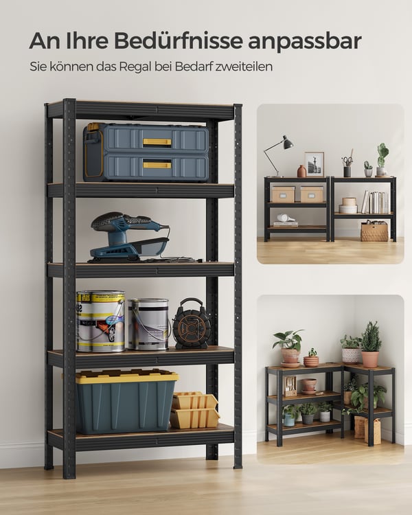 Reol, 30 x 75 x 150 cm, 650 kg belastningskapacitet (130 kg pr. hylde), industrielle, justerbare opbevaringshylder, til stue, køkken, garage, rustik b