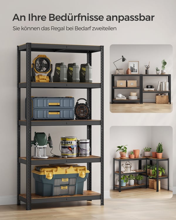 Reol, 40 x 90 x 180 cm, 875 kg belastningskapacitet (175 kg pr. hylde), industrielle, justerbare opbevaringshylder, til stue, køkken, garage, rustik b