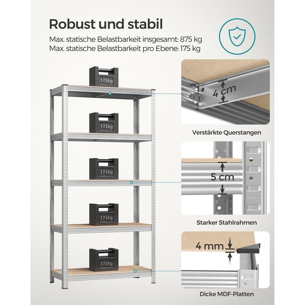 5-lags reoler, sæt med 2 stålreoler til opbevaring, monteres uden værktøj, til garage, skur, bæreevne 875 kg, 40 x 90 x 180 cm, sølv GLR040E02
