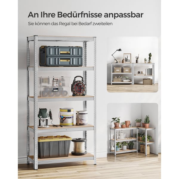 5-lags reoler, sæt med 2 stålreoler til opbevaring, monteres uden værktøj, til garage, skur, bæreevne 875 kg, 40 x 90 x 180 cm, sølv GLR040E02