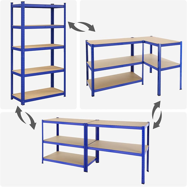 5-fackshyllor, uppsättning med 2 stålhyllor för förvaring, verktygsfri montering, för garage, skjul, lastkapacitet 875 kg, 40 x 90 x 180 cm, blå
