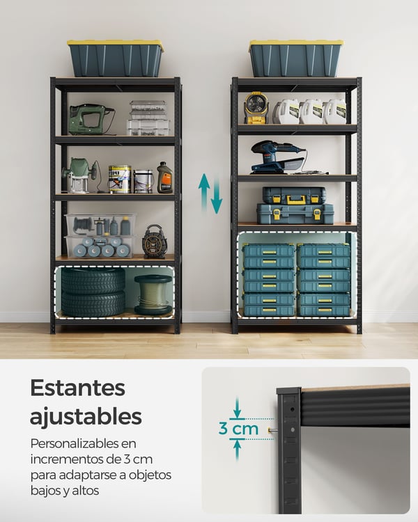 Reol, 60 x 120 x 200 cm, 750 kg belastningskapacitet (150 kg pr. hylde), industrielle, justerbare opbevaringshylder, til stue, køkken, garage, sort og