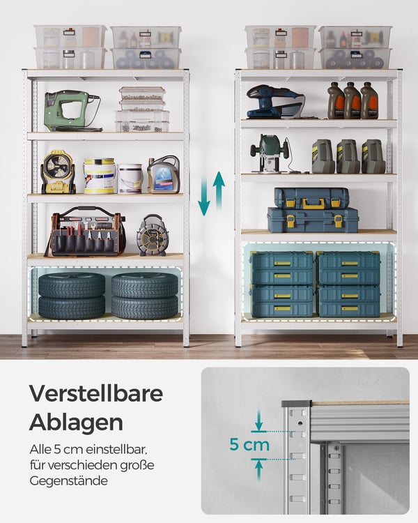 5-etagers reol, stålreol til opbevaring, montering uden værktøj, til garage, skur, bæreevne 875 kg, 60 x 120 x 200 cm, sølv GLR060E01