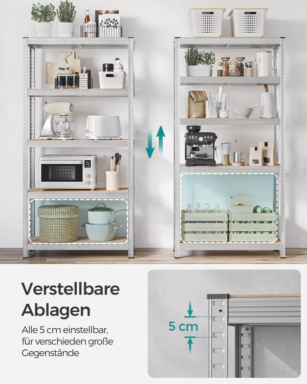 5-lags reol, stålreol til opbevaring, monteres uden værktøj, til garage, skur, bæreevne 875 kg, 40 x 90 x 180 cm, sølv GLR40SV